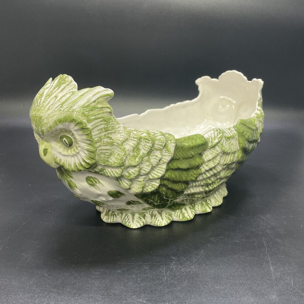 Vtg Mid 20th Century Green Italian Majolica Dbl Owl Planter Pot Jardiniere Rare